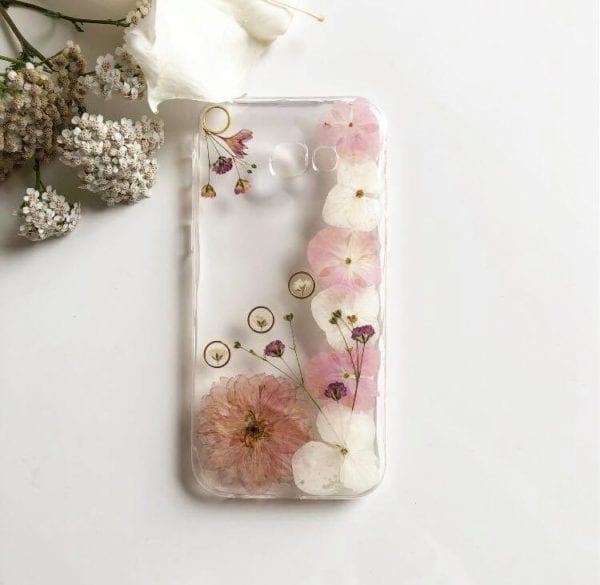 pressed flowers phone case with golden extras